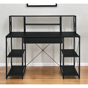 Escritorio de Computadora HMS de Diseño Moderno Simple de 47 Pulgadas, Metal Negro, Estante Ajustable en Altura, Cajón Plegable, Mesa para Computadora - Product Image 1