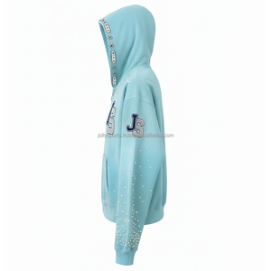 Premium 360 GSM algodón polar cremallera Sudadera con capucha azul cielo con embellecedor de diamantes de imitación y parche de chenilla logotipo personalizado Basics Hoodie - Product Image 5