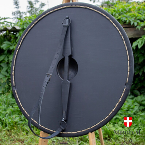 โล่ไม้ทรงกลมสีแดงสไตล์ยุคกลาง ขนาด 24 นิ้ว ของ CH Vikings ผลิตภัณฑ์ตกแต่งบ้านแบบวินเทจ ทำด้วยมือ ขัดเงา ปลอดภัย งานฝีมือคาลวิน - Product Image 5