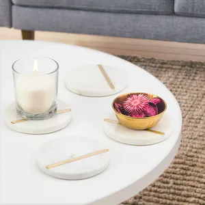 Ensemble de 4 sous-verres en marbre blanc avec incrustation d'or | Sous-verres antidérapants pour boissons et dosettes de café pour la maison, le bureau, la vente en gros en vrac OEM - Product Image 3