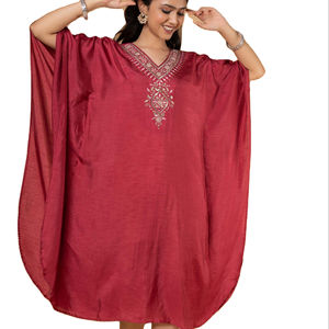 New Women Embroidered <b>Silk</b> Fabric Mirror Work Stylish Short <b>Kaftan</b> <b>Dress</b> - Product Image 1