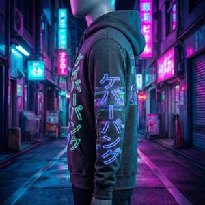 Felpa Cyberpunk Personalizzata all'Ingrosso per Uomo, Vestibilità Regolare, Stampa Grafica Neon Kanji Glitch Art, Streetwear Giapponese, 100% Cotone, Invernale - Product Image 3