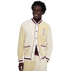 Chaqueta universitaria amarilla Apres Ski Cabana Jacket Tela de rizo de algodón orgánico con acanalado de rayas universitarias y bordado personalizado - Product Image 4