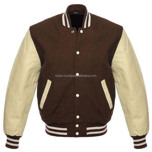 K-VJ-156 Custom Winter Streetwear Warm Tan Cowhide Leather Sleeves Stand Collar Embroidery Wool Varsity <b>Jacket</b> Dark Brown Coats - Product Image 1