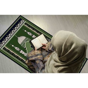 Tapis de prière islamique vert au design mosquée : Tapis imprimé facile à nettoyer, tapis fin non tissé - Product Image 3