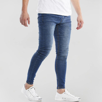 Jeans de Mezclilla para Hombre, Corte Slim Fit, Cintura Media, Pierna Recta, Color Azul Sólido, Casuales, para Primavera
