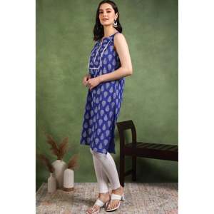 Kurti Corto de Algodón Cambray Azul para Mujer, Corte Regular, Largo hasta la Rodilla, Estampado Floral, Sin Mangas, Cuello con Muescas - Product Image 4