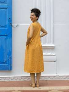 Mustard Yellow Linen/Cotton V-Neck <b>Short</b> Sleeve Puff Sleeve Sweet Style Midi <b>Jumpsuit</b> with Pockets for Women Christmas Occasion - Product Image 5