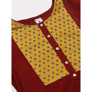 ชุดคุर्ตาผ้าฝ้ายสลับและผ้าแคมบริคทรงตรงปกติสำหรับผู้หญิง พร้อมกางเกงปาลาซโซ สีมารูน ขนาด 46 นิ้ว สวมใส่สบาย - Product Image 4