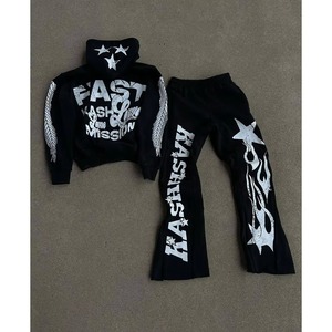 Custom Acid Wash Puff Printing Men Fleece Cotton Heavyweight Winter Jogging Set Hoodie Pants Casual Streetwear Boys Tracksuit - Product Image 1