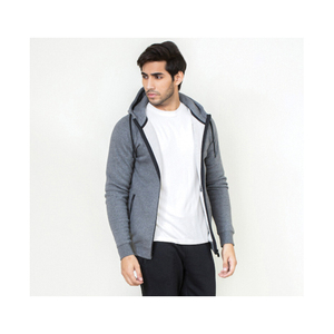 Sweat-shirt à capuche zippé gris pour homme, coupe ajustée, décontracté, en coton tricoté, couleur unie, pour l'automne - Product Image 4