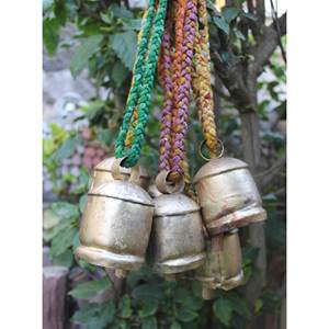 Shabby Chic Rustic Vintage Antique Tin Cow Bells Set of 6 Decorative Hanging Bells with Braided Sari Fabric Handle <b>Music</b> <b>Boxes</b> - Product Image 1
