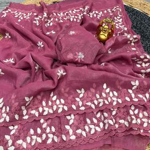 Designer Indian Soft Silk Saree Embroidery and Work Thread with Fancy Work at Border, Designer Wedding Wear Saree. - Product Image 1