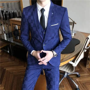 Traje de boda para hombre MXZ61, corte ajustado, a cuadros, de 3 piezas, formal, con pantalón de botonadura sencilla y tela de estambre. - Product Image 1