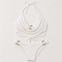 Ensemble bikini 2 pièces blanc pailleté, haut de bikini en spandex/nylon avec perles et string, sans couture, non toxique, pour la plage et la piscine