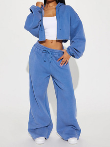 Survêtements pour femmes, tenues de haute qualité, haut court à manches longues zippé et pantalon de survêtement à jambes larges - Product Image 4
