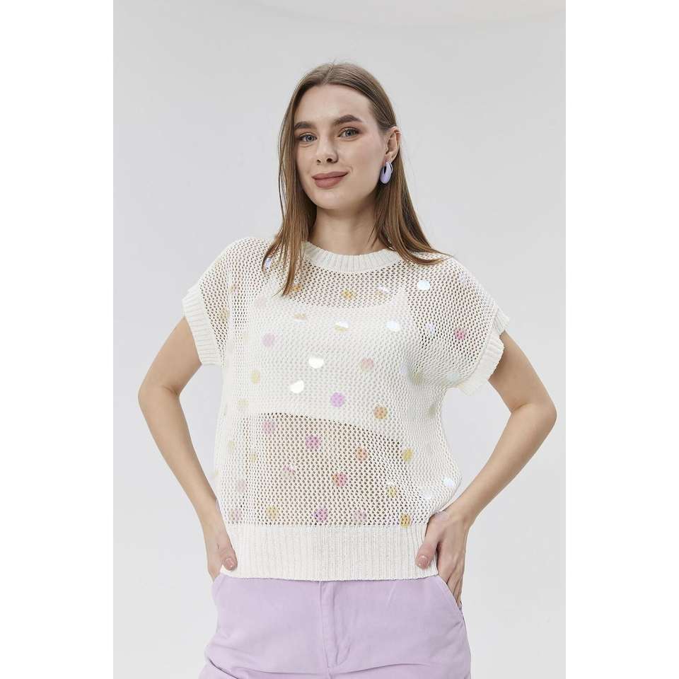 7567-Women's Openwork Sequin Detailed Sweater Blouse Crop Undershirt - Bone