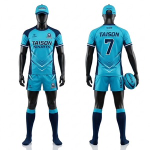 Tenue de rugby pour hommes en tissu polyester interlock respirant, design à rayures bleu marine, jaune et blanc, logo personnalisé par sublimation, kit d'équipe - Product Image 5