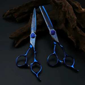 Juego de tijeras de corte de pelo de acero inoxidable con patrón de Damasco de cristal azul de alta calidad, 2 uds., tijeras de adelgazamiento compatibles con OEM - Product Image 3