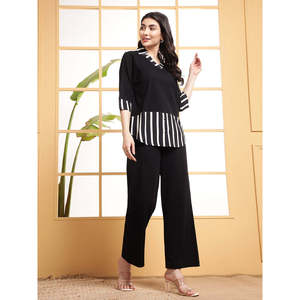 Deebaco Women's Cotton Black Striped Co-Ord Set Casual Crepe <b>Top</b> With Ankle Length Trousers Western Summer Two Piece Outfit - Product Image 6