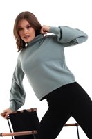 Pull à col roulé pour femme, manches lanternes, couleur unie, tricoté, décontracté, pour l'automne, 100% coton, respirant, longueur normale