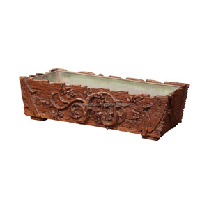 <b>Wood</b> & Metal Tabletop <b>Planter</b> With Natural <b>Wood</b> Polish Finishing Rectangular Shape Embossed Design For <b>Garden</b> Decoration - Product Image 1