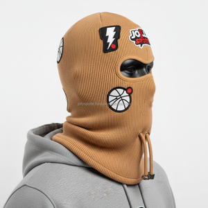 Women Balaclava soft 320 GSM stretch rib knit fabric <b>tan</b> shade with custom embroidered sports style patches balaclava - Product Image 4