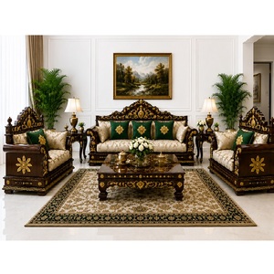 Juego de Muebles de Sala de Estar de Lujo en Madera de Teca Tallada, Estilo Clásico Marrón y Dorado, Sofá Tallado, Estilo Antiguo - Product Image 1