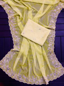 Sari indio de Georgette de moda del último diseño con el trabajo elegante pesado de las lentejuelas amarillo rosado blanco en la frontera con la blusa Sari - Product Image 5