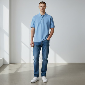 Polo à manches courtes bleu clair pour homme, en coton Oxford, style décontracté, coupe classique, couleur unie, respirant, tissage tissé - Product Image 1