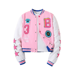 <b>Pink</b> White Varsity <b>Jacket</b> Women's Baseball Style Letter B Patch Design Full Sleeve Embroidered Stars Cotton Polyester Mix - Product Image 1