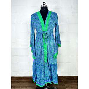 Recycled Vintage Silk Sari <b>Robe</b> Boho Floral Print Dressing Gown <b>Beach</b> Coverup or Bridesmaid Anniversary Gift - Product Image 1