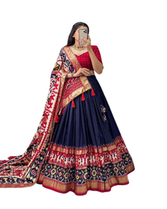 <b>Beautiful</b> Tussar Silk Foil Work Lehnga Set Fully Stitched Indian Style Ethnic Fashion for Weddings Includes Dupatta Blouse Dress - Product Image 1