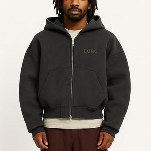 Custom Men Cotton 500gsm Heavyweight Fleece Cropped Full Zip Up Oversized Hoodie Double Slider Zipper OEM ODM - Product Image 1