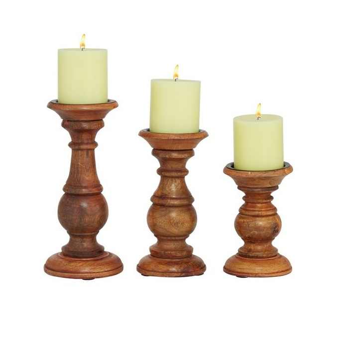 Hand Crafted Wooden Pillar Candle Holders Set of 3 - Rustic Candle ...