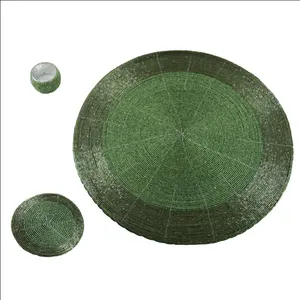 Dark Green round Beaded Place-Mat Wedding Table Food Dish Accessories Coaster & Napkin Ring for Mats & Pads