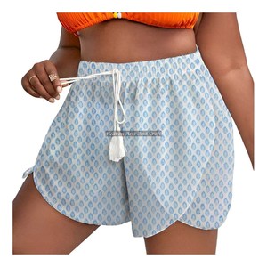 Shorts en coton faits main avec cordon de serrage, taille ajustable, toutes tailles, imprimé bloc, pour l'été - Product Image 6