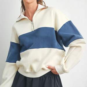 Haute qualité deux tons femmes quart Zip brodé sweat doux coton polaire sweats à capuche personnalisés contraste couleur sweats - Product Image 5