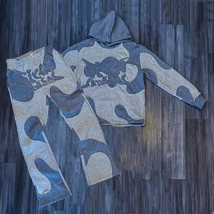 Pantalon de jogging unisexe en molleton uni, patchwork, lourd, 100 % coton, automne, effet vieilli, délavé à l'acide, avec appliqué brodé, coupe évasée - Product Image 6