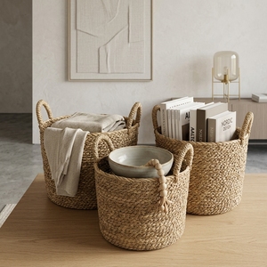 Juego de Cestas de Almacenamiento de Hierba Mendong Tejidas a Mano Naturales, Maceta Redonda Trenzada con Asa en Forma de Arco, Decoración para el Hogar, Diseño Artístico Puro - Product Image 4