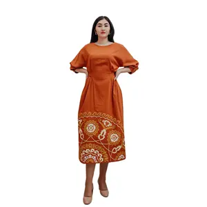 Vestido naranja marrón Charlotte de alta calidad ZHIWJ Vestido ligero de lino para mujeres de Tayikistán vestido de mujer con patrón étnico