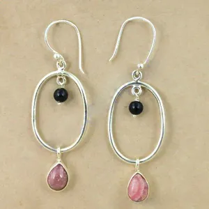 Boucles d'oreilles ovales pour femmes en argent 925 avec pierre précieuse rose, accessoire tendance - Product Image 2