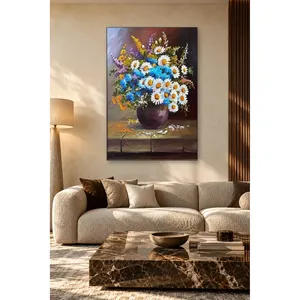Impression sur toile de marguerites Fida et fleurs sauvages bleues dans un vase violet - Product Image 5