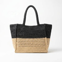 Sac fourre-tout en raphia crocheté bicolore, sac à bandoulière tissé, ouverture supérieure, grande capacité, pour la plage et l'usage quotidien
