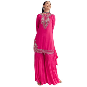 Juego de Kurta de seda Rosa Dola con bordado Zardosi y gargantilla Dupatta para fiestas festivas al por mayor bodas Sangeet y a granel - Product Image 3