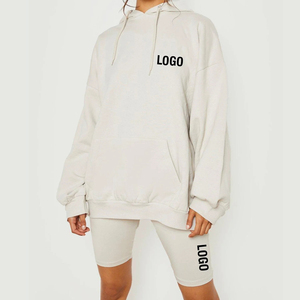 ชุดเสื้อฮู้ดกางเกงขาสั้นมีฮู้ดสีทึบสำหรับผู้หญิงผ้าฝ้าย100% โลโก้โอเวอร์ไซส์ไซส์ไซส์ใหญ่ปกติขนาด XXS แบบลำลอง - Product Image 4