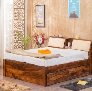 Sheesham Wood <b>Bed</b>, Storage Drawers, <b>Cushioned</b> Headboard, Modern Rustic, Wood Furniture, Available at wholesale prices - Product Image 1
