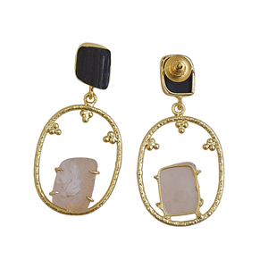 ต่างหูห้อยทรงคลาสสิกวินเทจสำหรับผู้หญิง ทำด้วยมือ ชุบทอง 14K ประดับด้วยทัวร์มาลีนและโรสควอตซ์ - Product Image 3