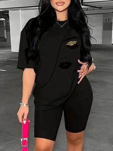 Personalizar nuevo verano 2 piezas conjunto mujer elegante 3D impreso pantalones cortos camisa 100% algodón transpirable conjuntos de mujer - Product Image 3