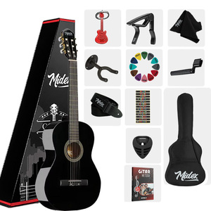 Kit de guitare classique junior 3/4 de 36 pouces pour enfants de 8 à 12 ans, avec sac, capo, sangle et médiators |   Guitare Midex CG-36BK Corps en acajou Manche en sapele Finition brillante - Product Image 1